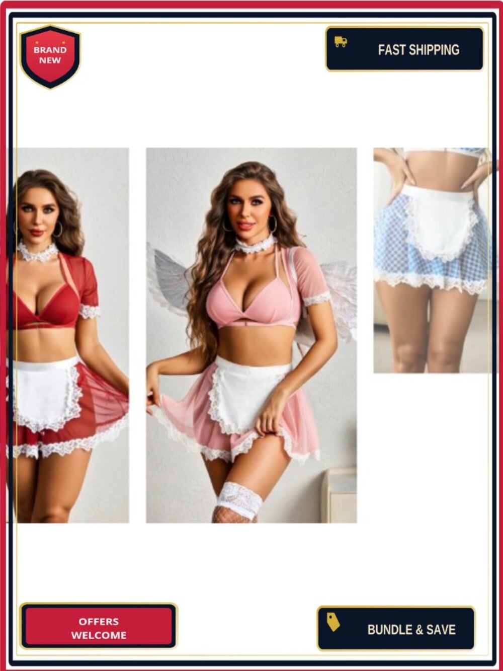 Avidlove Mesh Lace Cosplay Costume Set 6 PCS French Maid Lingerie Outfit - Picture 6 of 6